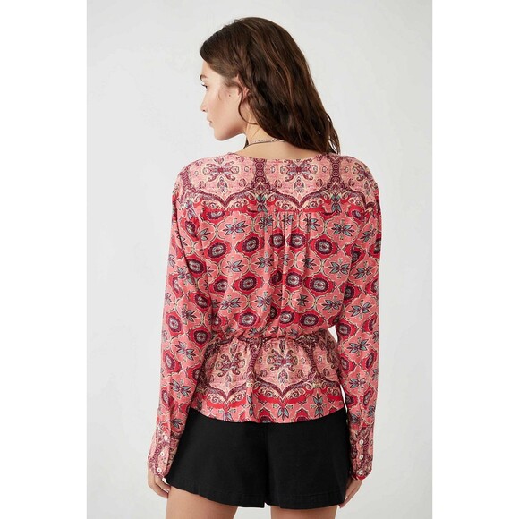 FREE PEOPLE Pink Red Hibiscus Combo Floral Paisley Peplum Top/Blouse Boho XS - Picture 11 of 12